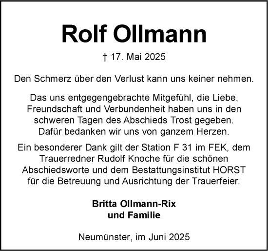 Traueranzeige von Rolf Ollmann von Holsteinischer Courier