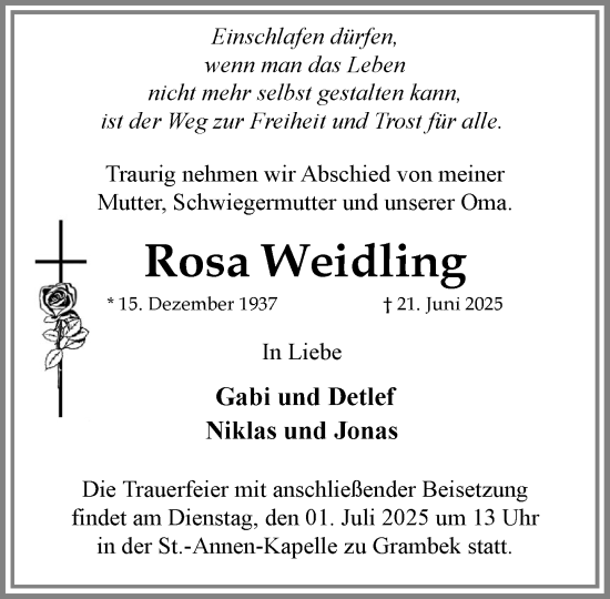 Traueranzeige von Rosa Weidling von MARKT Ratzeburg/Mölln