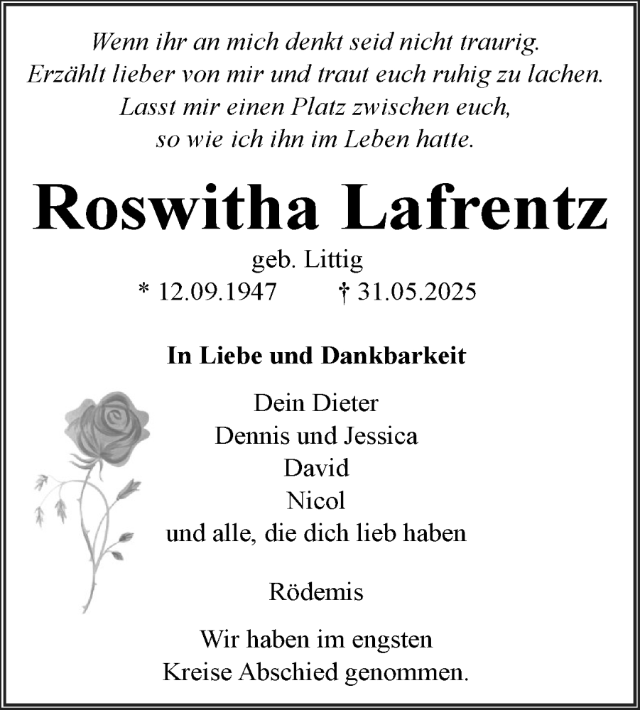  Traueranzeige für Roswitha Lafrentz vom 28.06.2025 aus Husumer Nachrichten, Nordfriesland Tageblatt
