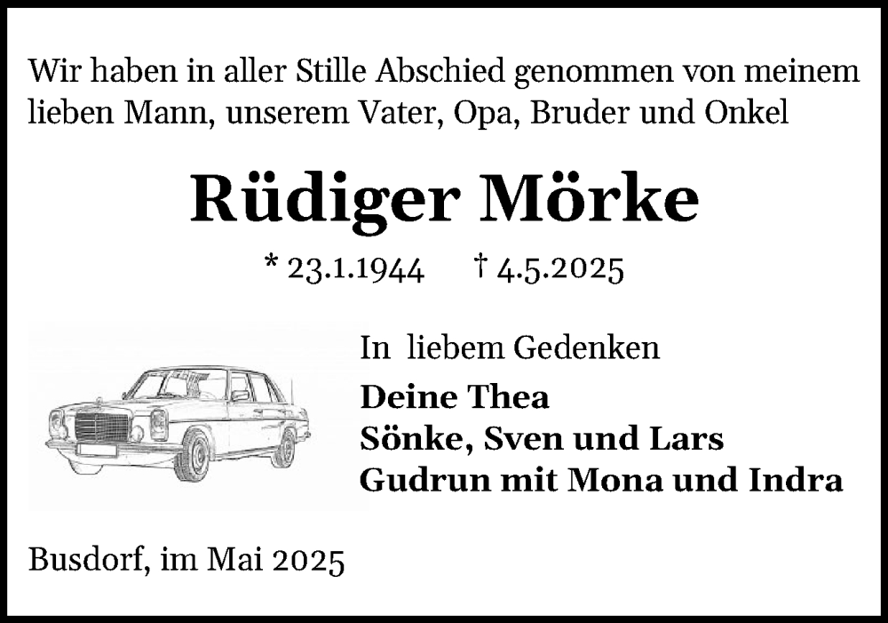  Traueranzeige für Rüdiger Mörke vom 31.05.2025 aus Schleswiger Nachrichten, Schlei-Bote