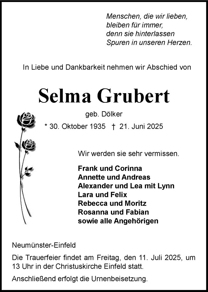  Traueranzeige für Selma Grubert vom 28.06.2025 aus Holsteinischer Courier