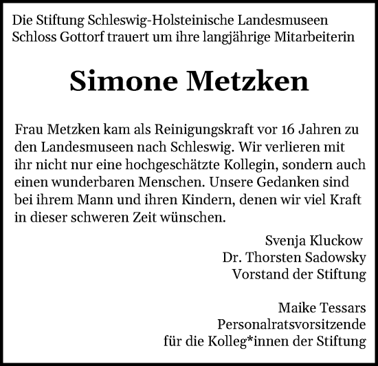 Traueranzeige von Simone Metzken von Schleswiger Nachrichten, Schlei-Bote, Eckernförder Zeitung