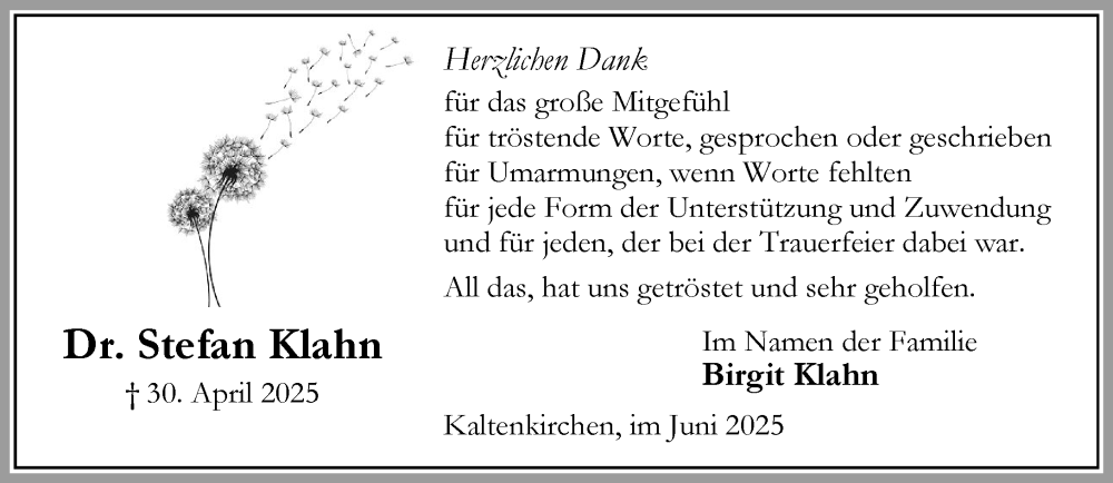  Traueranzeige für Stefan Klahn vom 14.06.2025 aus Umschau