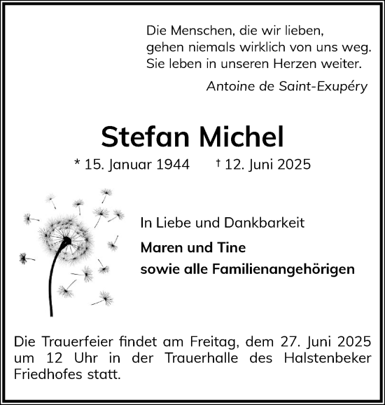 Traueranzeige von Stefan Michel von Region Pinneberg und tip Pinneberg