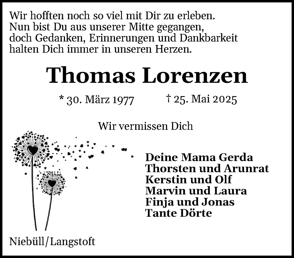  Traueranzeige für Thomas Lorenzen vom 06.06.2025 aus Husumer Nachrichten, Nordfriesland Tageblatt