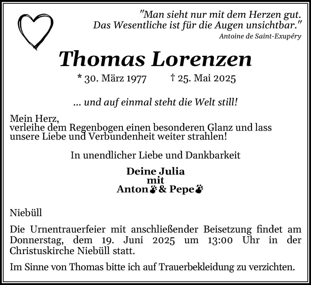  Traueranzeige für Thomas Lorenzen vom 06.06.2025 aus Husumer Nachrichten, Nordfriesland Tageblatt