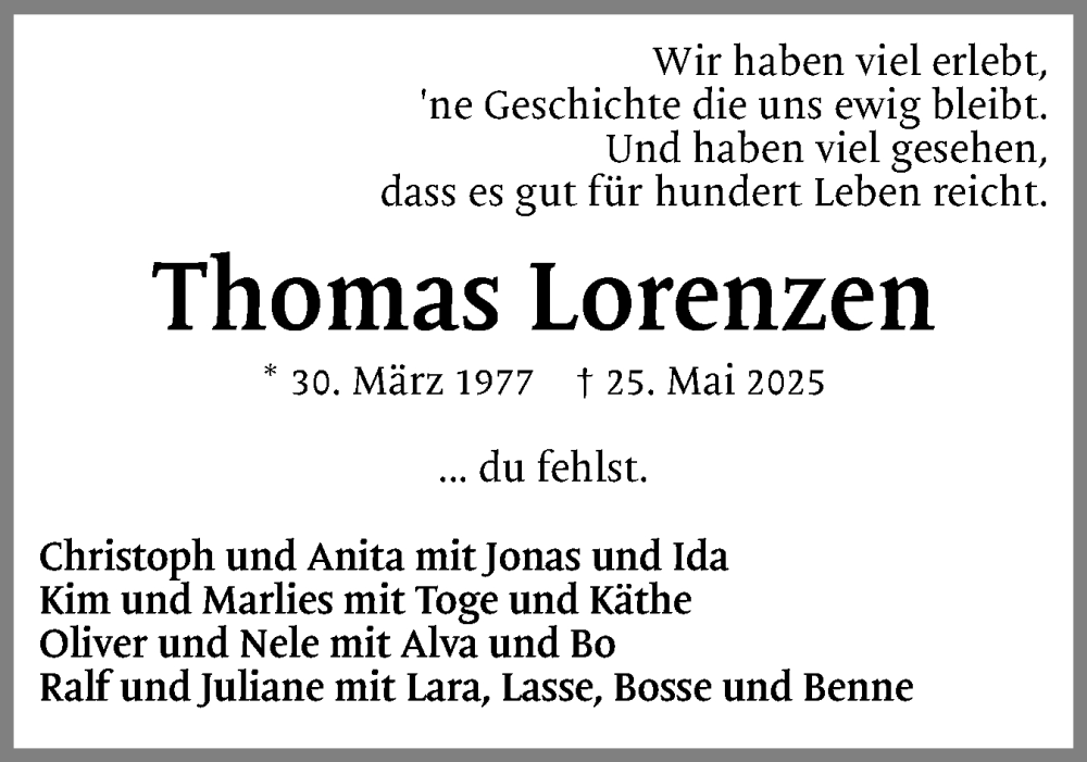  Traueranzeige für Thomas Lorenzen vom 07.06.2025 aus Husumer Nachrichten, Nordfriesland Tageblatt