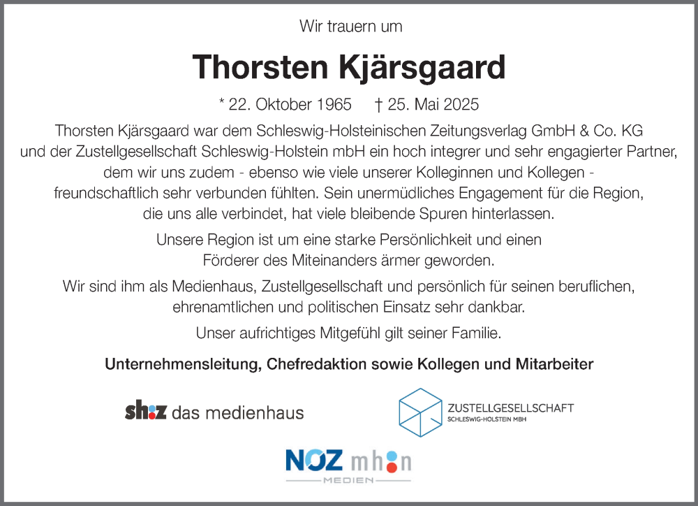  Traueranzeige für Thorsten Kjärsgaard vom 07.06.2025 aus Flensburger Tageblatt