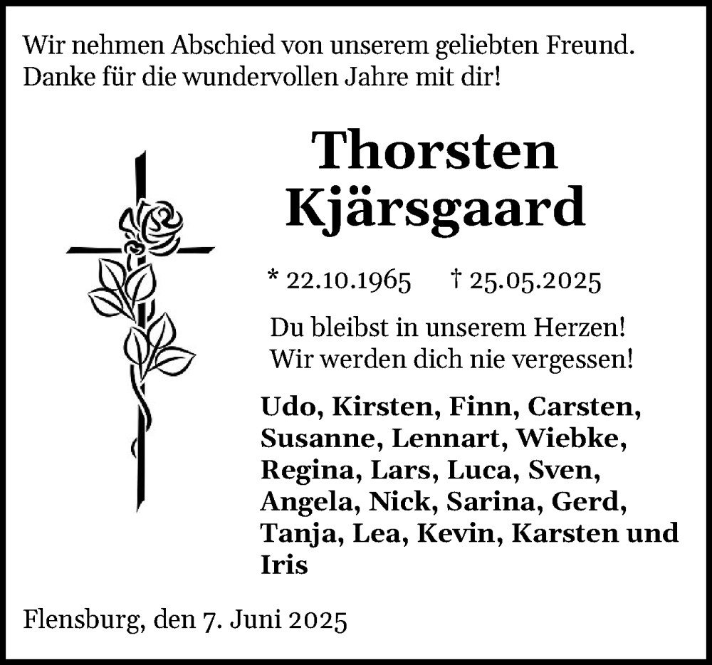  Traueranzeige für Thorsten Kjärsgaard vom 07.06.2025 aus Flensburger Tageblatt