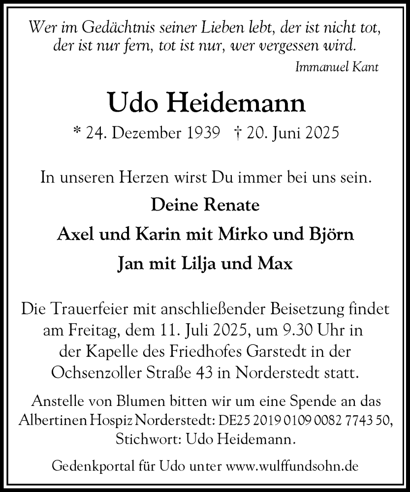  Traueranzeige für Udo Heidemann vom 28.06.2025 aus Heimatspiegel