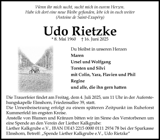 Traueranzeige von Udo Rietzke von Elmshorner Nachrichten, Barmstedter Zeitung