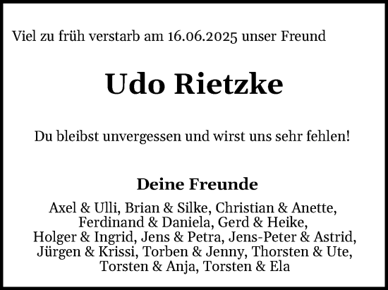 Traueranzeige von Udo Rietzke von Elmshorner Nachrichten, Barmstedter Zeitung