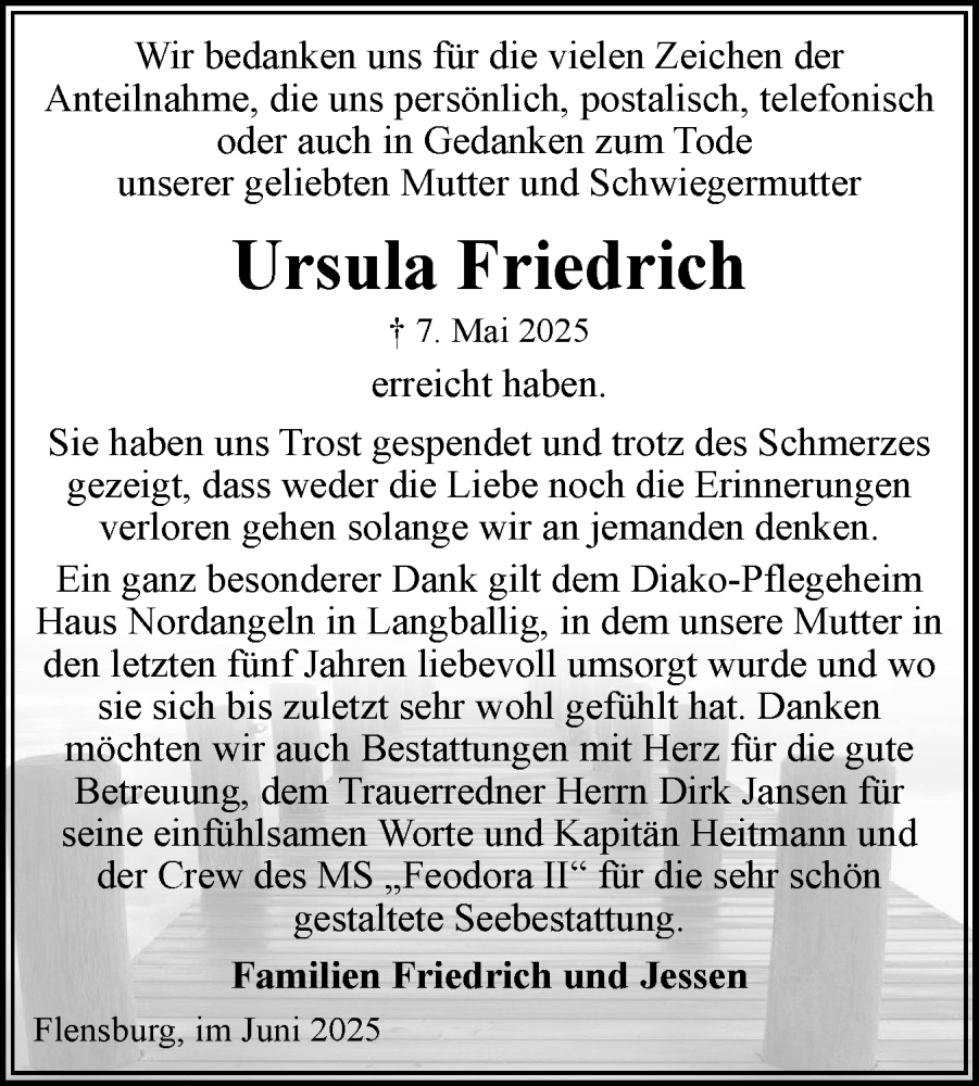  Traueranzeige für Ursula Friedrich vom 28.06.2025 aus Flensburger Tageblatt