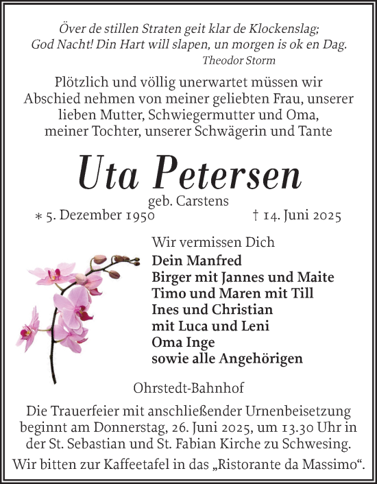 Traueranzeige von Uta Petersen von Husumer Nachrichten, Nordfriesland Tageblatt