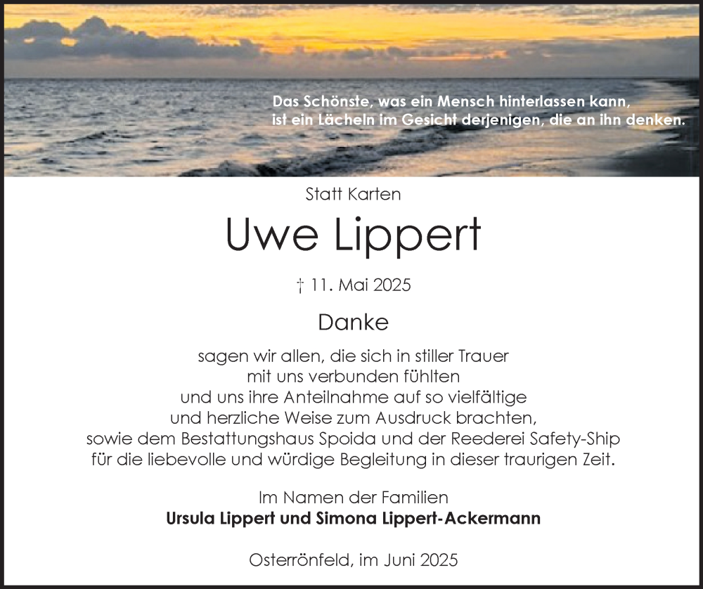  Traueranzeige für Uwe Lippert vom 21.06.2025 aus Schleswig-Holsteinische Landeszeitung