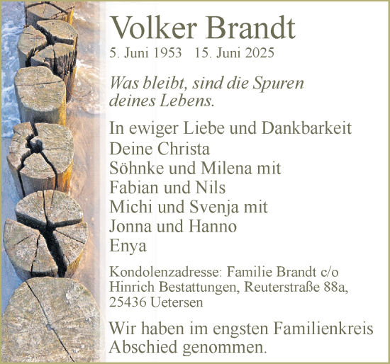 Traueranzeige von Volker Brandt von Uetersener Nachrichten, Der tip am Wochenende