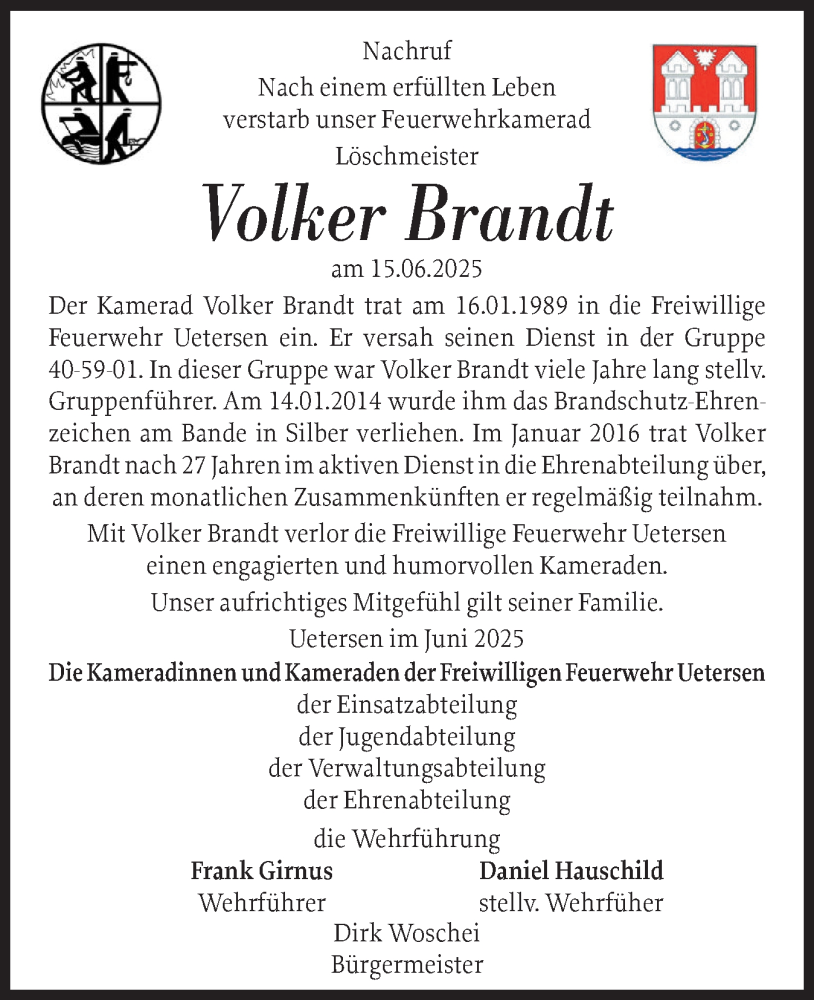  Traueranzeige für Volker Brandt vom 28.06.2025 aus Uetersener Nachrichten, Der tip am Wochenende