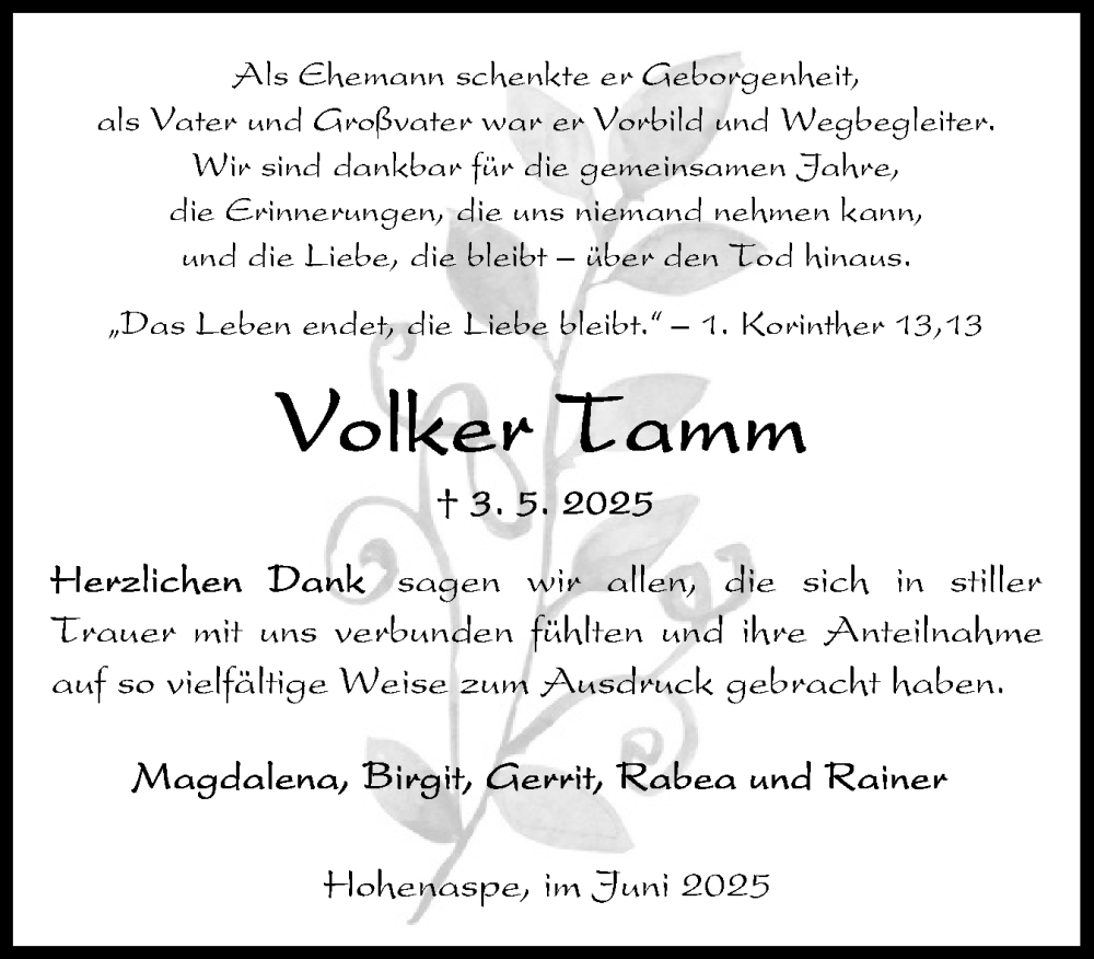  Traueranzeige für Volker Tamm vom 07.06.2025 aus Norddeutsche Rundschau, Wilstersche Zeitung, Glückstädter Fortuna