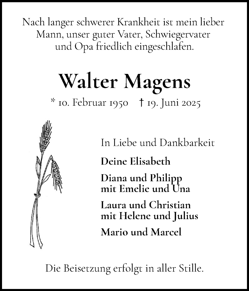  Traueranzeige für Walter Magens vom 28.06.2025 aus Norddeutsche Rundschau, Wilstersche Zeitung, Glückstädter Fortuna