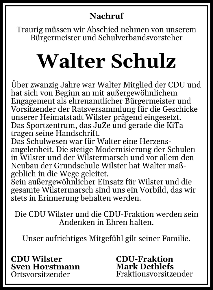  Traueranzeige für Walter Schulz vom 31.05.2025 aus Norddeutsche Rundschau, Wilstersche Zeitung, Glückstädter Fortuna
