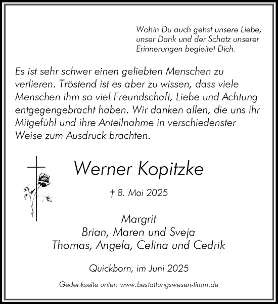 Traueranzeige von Werner Kopitzke von Heimatspiegel
