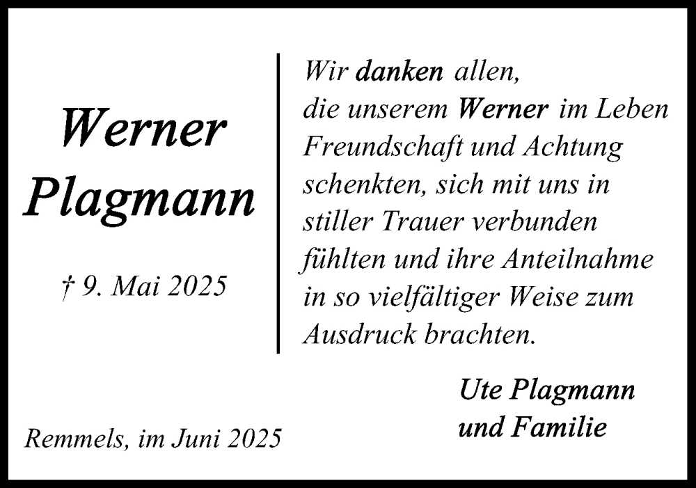  Traueranzeige für Werner Plagmann vom 28.06.2025 aus Schleswig-Holsteinische Landeszeitung