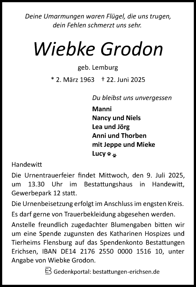  Traueranzeige für Wiebke Grodon vom 28.06.2025 aus Flensburger Tageblatt