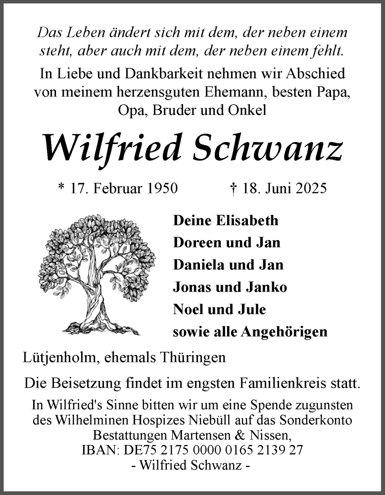 Traueranzeige für Wilfried Schwanz vom 28.06.2025 aus Husumer Nachrichten, Nordfriesland Tageblatt