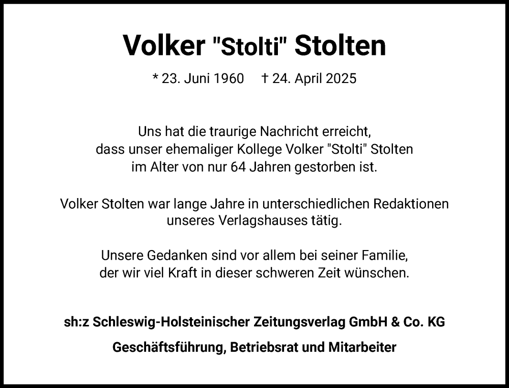  Traueranzeige für Volker Stolten vom 31.05.2025 aus Region Flensburg, Elmshorner Nachrichten, Barmstedter Zeitung, Stormarner Tageblatt 