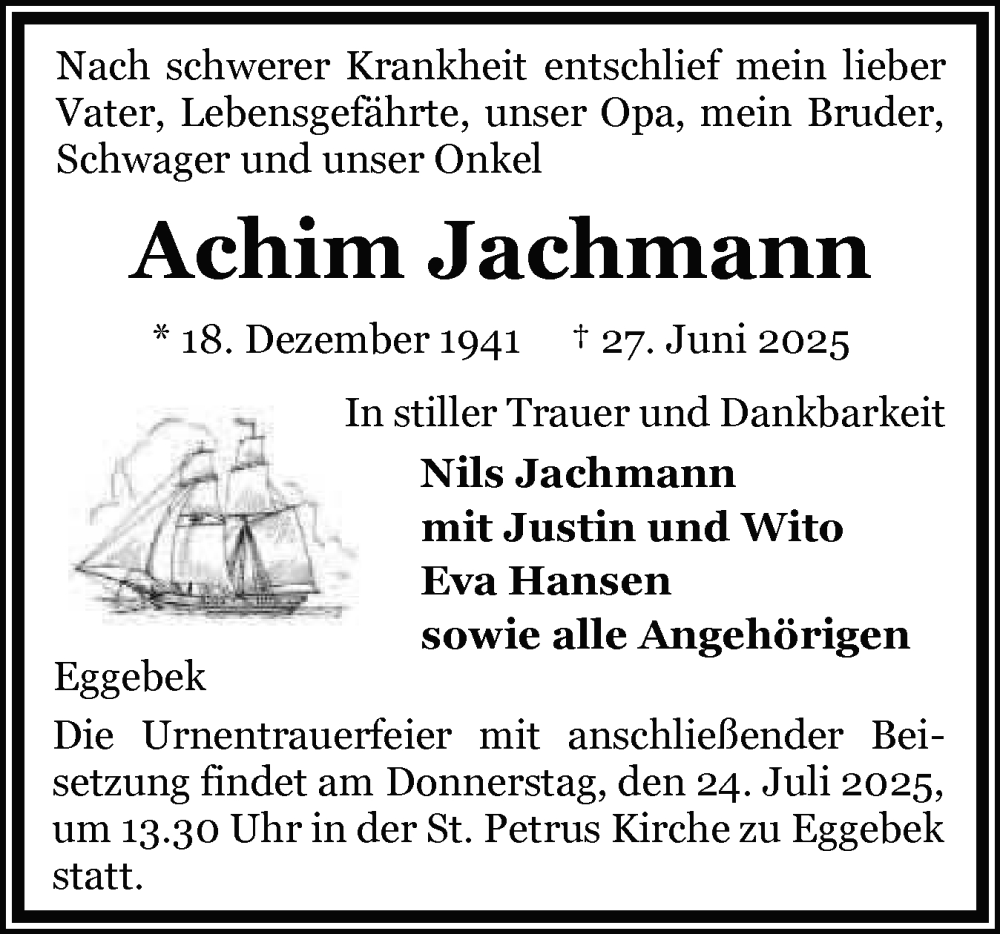  Traueranzeige für Achim Jachmann vom 12.07.2025 aus Flensburger Tageblatt
