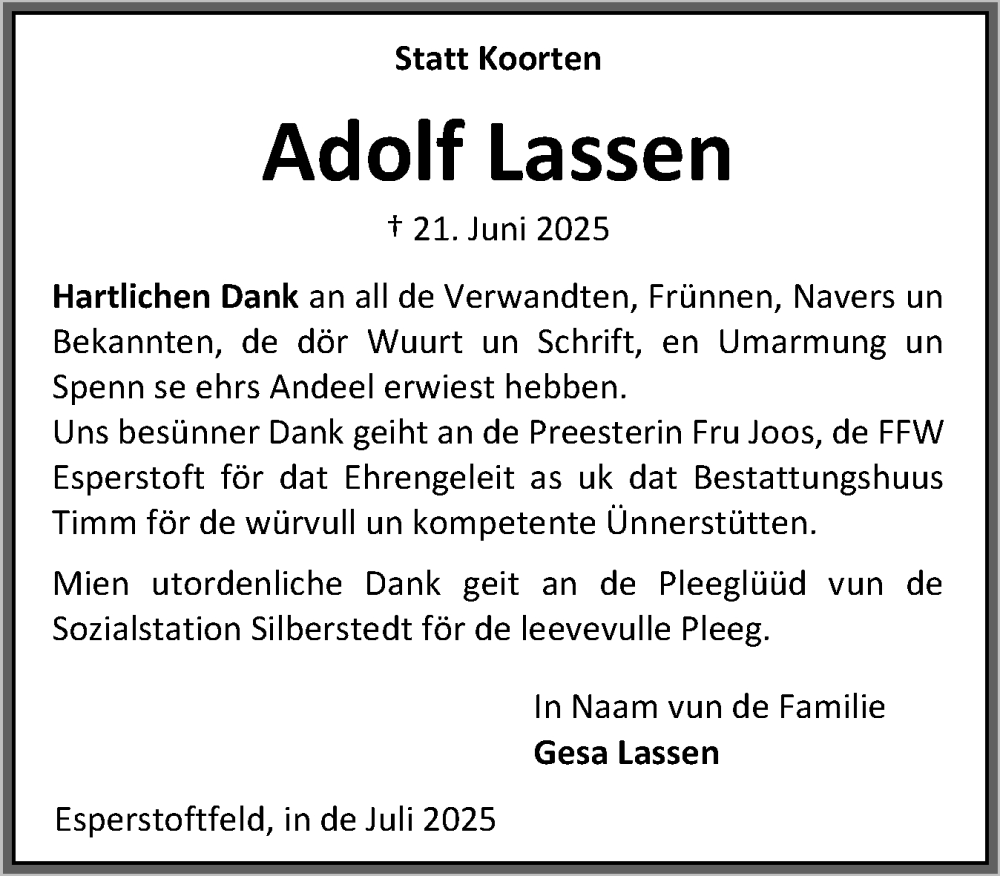  Traueranzeige für Adolf Lassen vom 19.07.2025 aus Flensburger Tageblatt, Schleswiger Nachrichten, Schlei-Bote