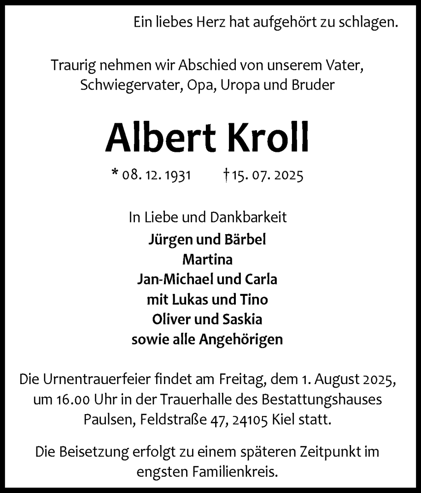  Traueranzeige für Albert Kroll vom 26.07.2025 aus Schleswiger Nachrichten, Schlei-Bote
