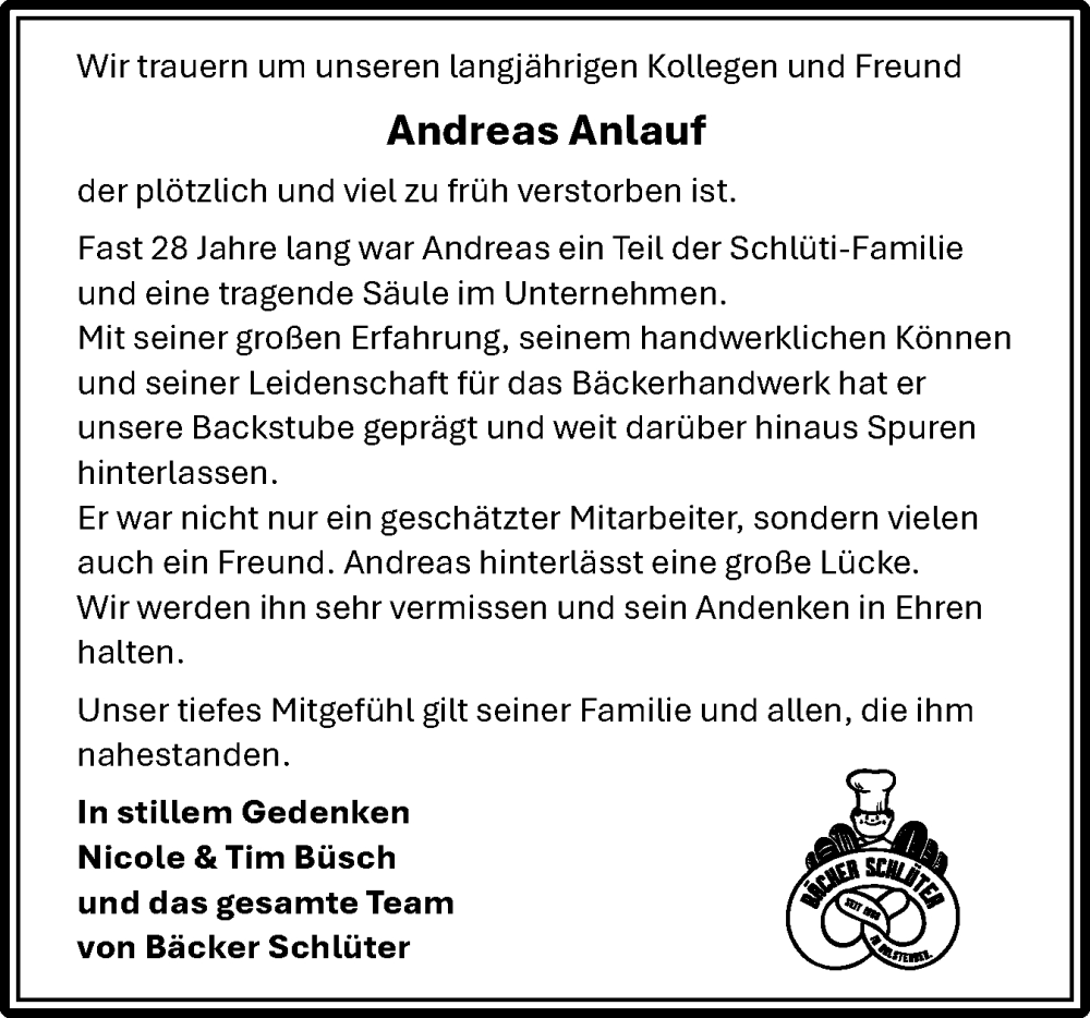  Traueranzeige für Andreas Anlauf vom 19.07.2025 aus Region Pinneberg und tip Pinneberg