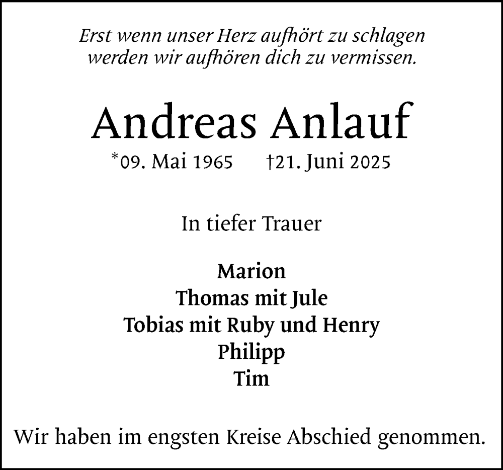  Traueranzeige für Andreas Anlauf vom 19.07.2025 aus Region Pinneberg und tip Pinneberg