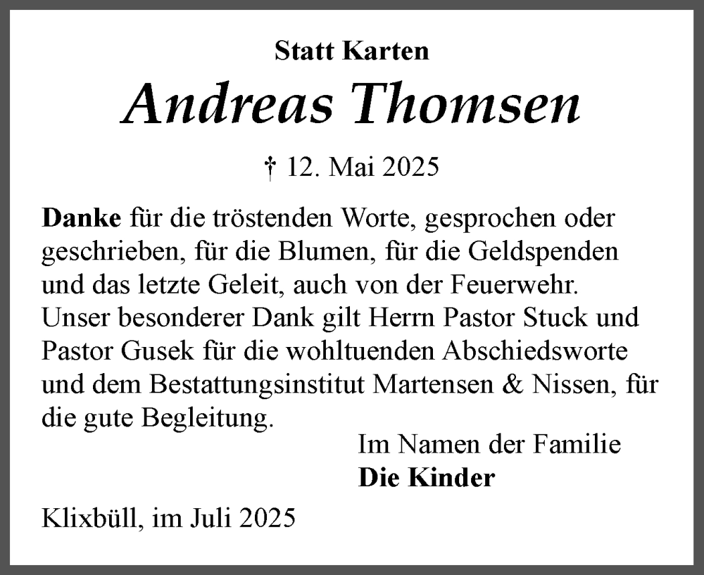  Traueranzeige für Andreas Thomsen vom 05.07.2025 aus Region Flensburg