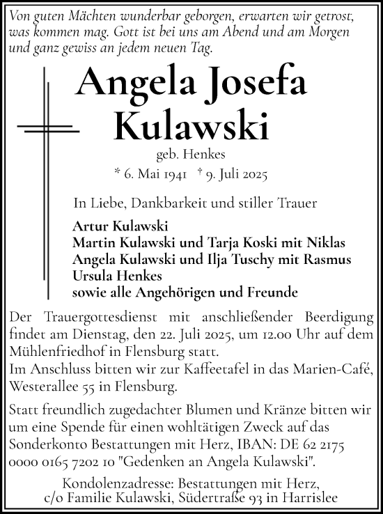 Traueranzeige von Angela Josefa Kulawski von Flensburger Tageblatt