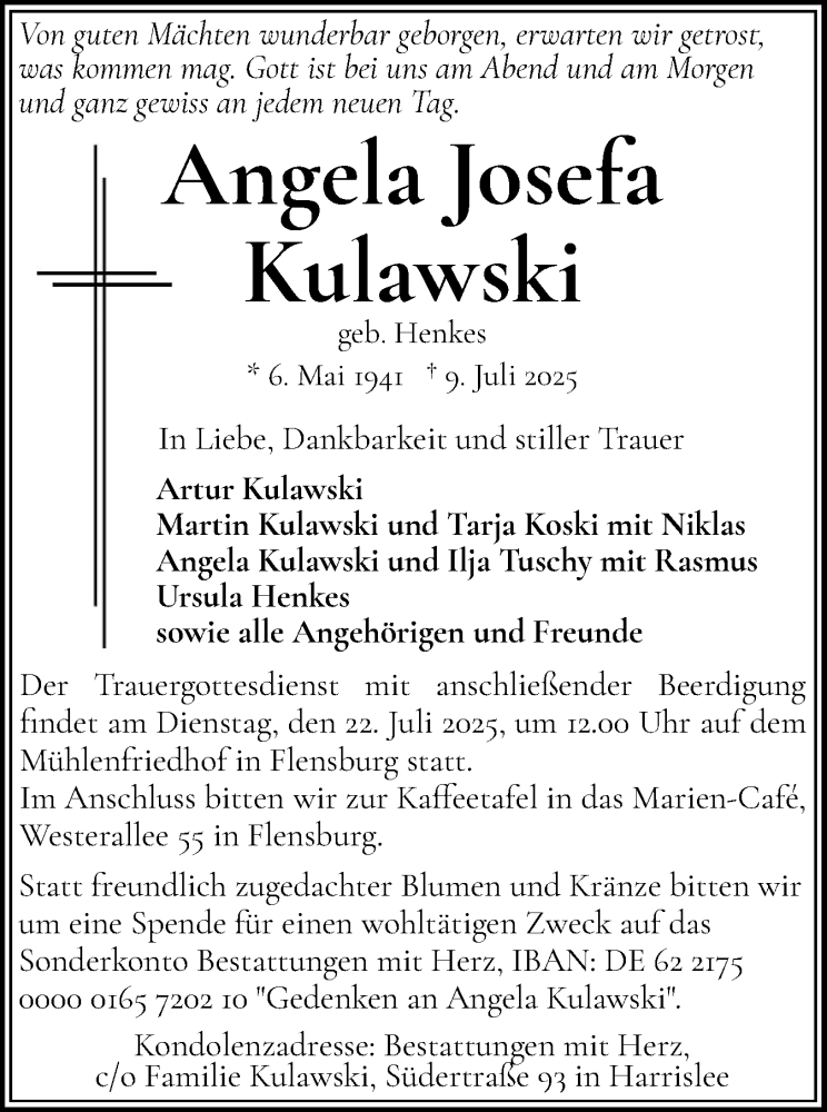  Traueranzeige für Angela Josefa Kulawski vom 22.07.2025 aus Schleswiger Nachrichten, Schlei-Bote