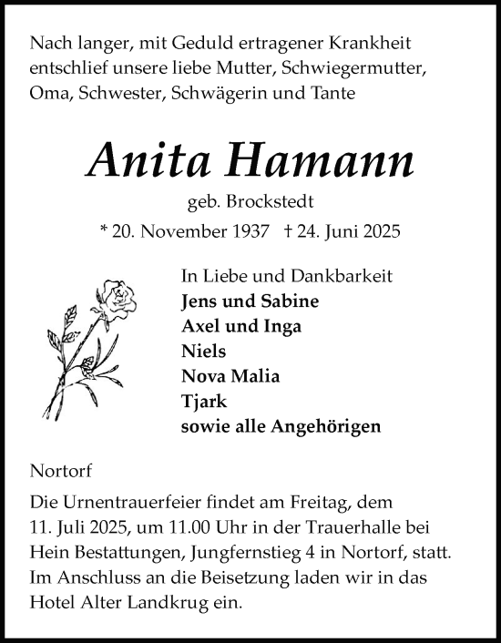 Traueranzeige von Anita Hamann von Schleswig-Holsteinische Landeszeitung