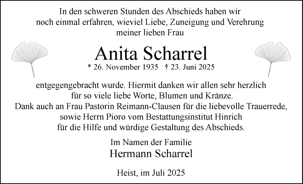  Traueranzeige für Anita Scharrel vom 26.07.2025 aus A. Beig Gesamtausgabe