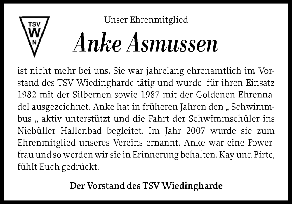  Traueranzeige für Anke Asmussen vom 30.07.2025 aus Husumer Nachrichten, Nordfriesland Tageblatt