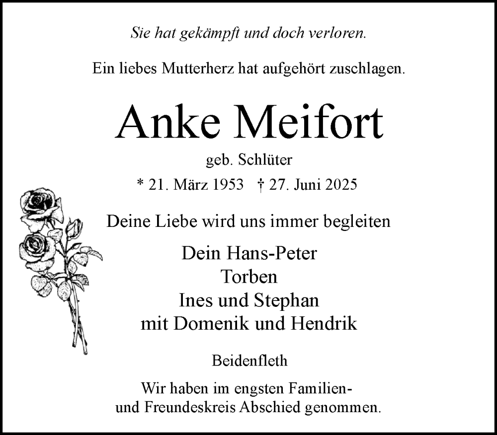  Traueranzeige für Anke Meifort vom 12.07.2025 aus Norddeutsche Rundschau, Wilstersche Zeitung, Glückstädter Fortuna