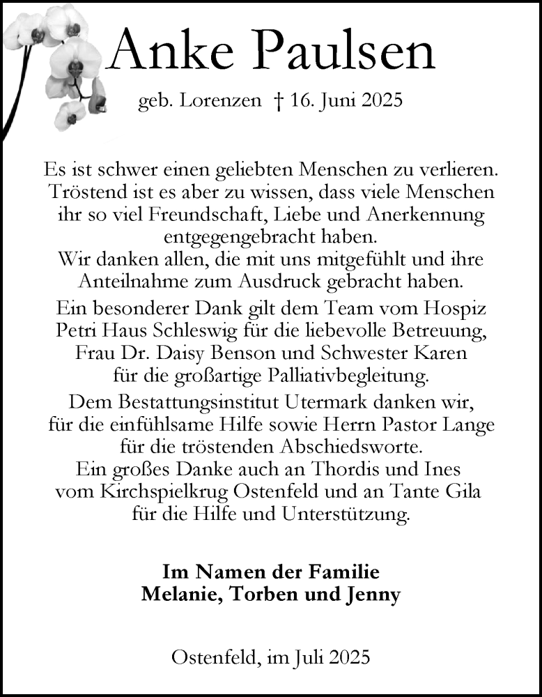  Traueranzeige für Anke Paulsen vom 26.07.2025 aus Die WochenSchau Gesamtausgabe