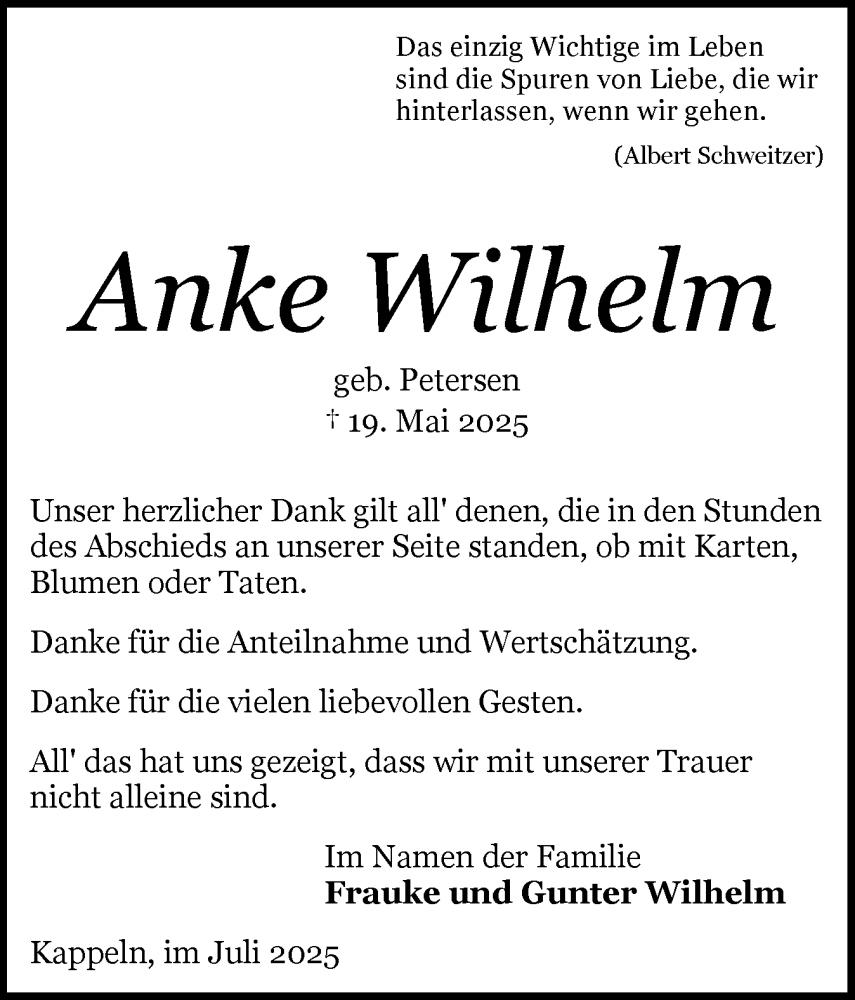  Traueranzeige für Anke Wilhelm vom 05.07.2025 aus Schleswiger Nachrichten, Schlei-Bote
