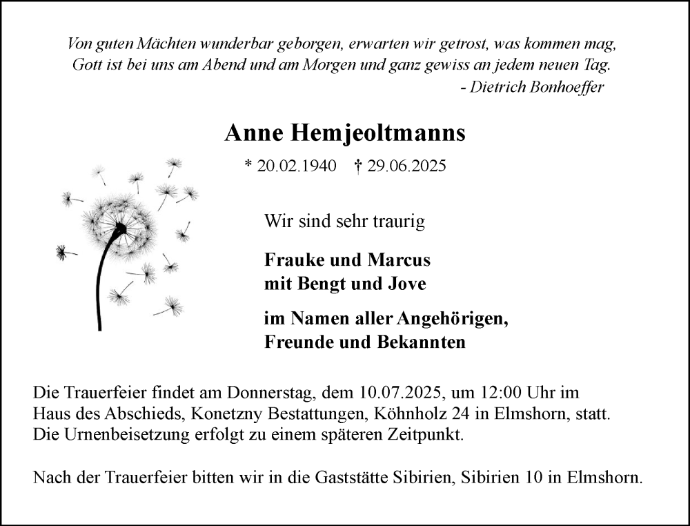  Traueranzeige für Anne Hemjeoltmanns vom 05.07.2025 aus Elmshorner Nachrichten, Barmstedter Zeitung