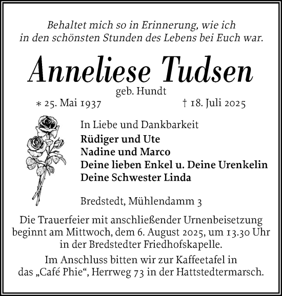 Traueranzeige von Anneliese Tudsen von Husumer Nachrichten, Nordfriesland Tageblatt