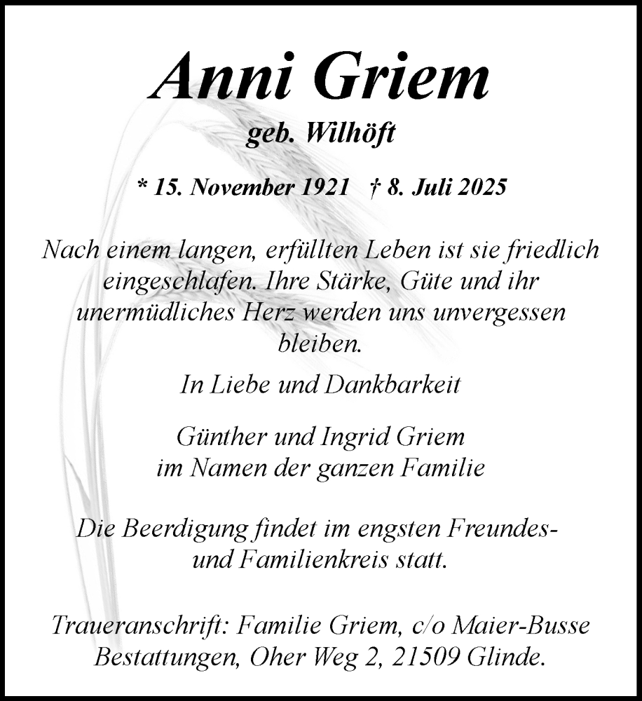 Traueranzeige für Anni Griem vom 19.07.2025 aus MARKT Glinde/Reinbek