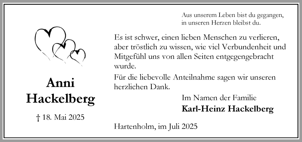  Traueranzeige für Anni Hackelberg vom 26.07.2025 aus Umschau