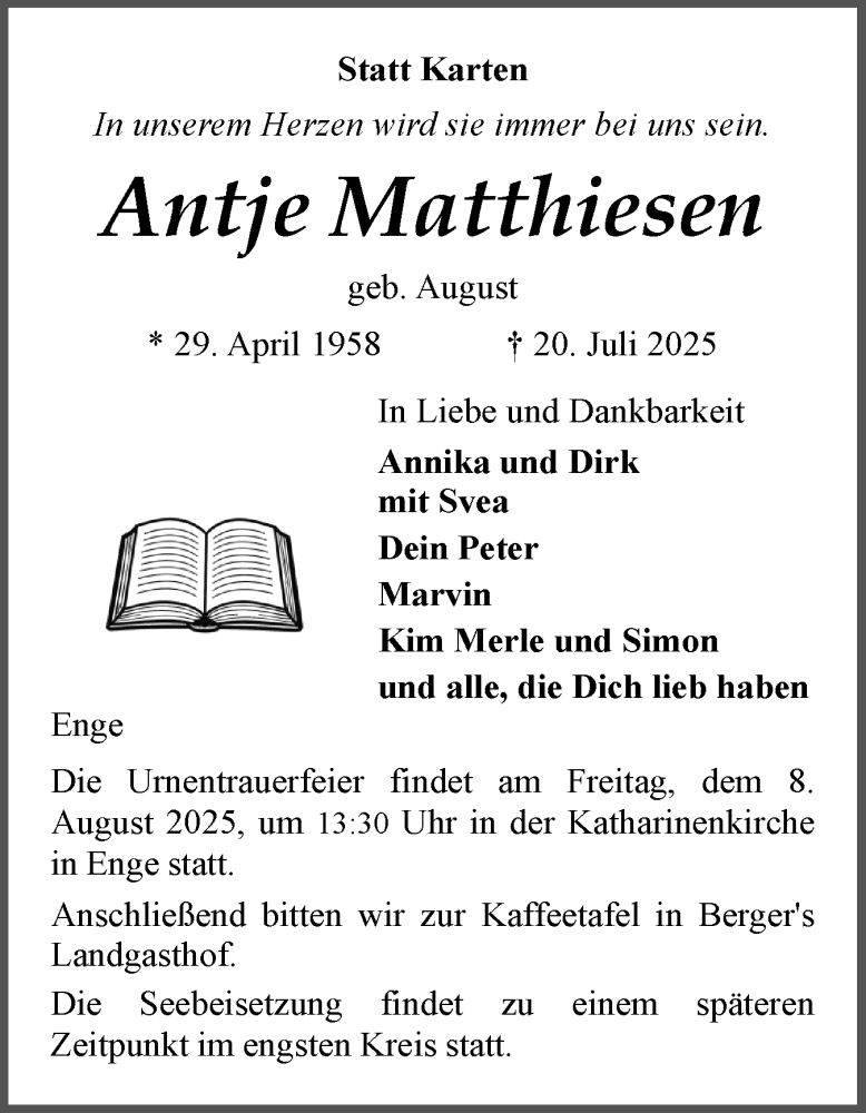  Traueranzeige für Antje Matthiesen vom 26.07.2025 aus Husumer Nachrichten, Nordfriesland Tageblatt