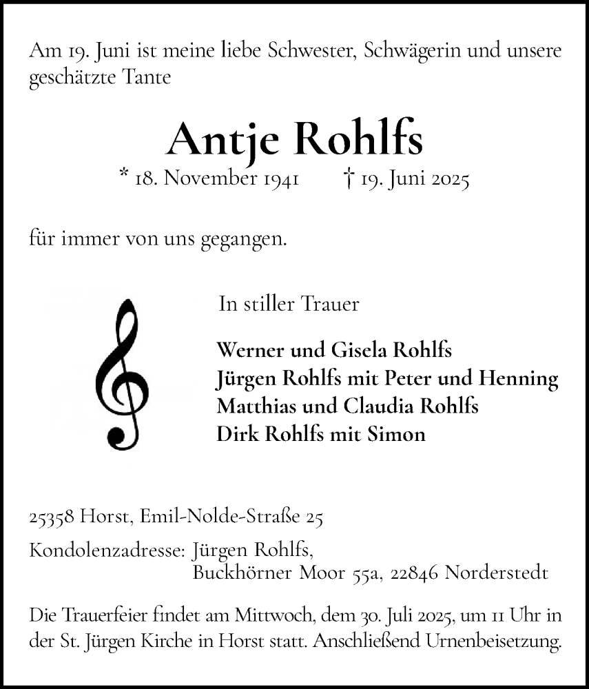  Traueranzeige für Antje Rohlfs vom 05.07.2025 aus Elmshorner Nachrichten, Barmstedter Zeitung