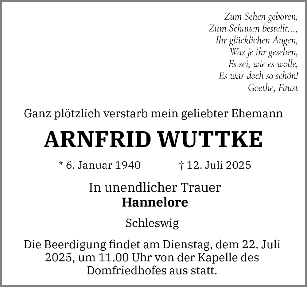  Traueranzeige für Arnfrid Wuttke vom 19.07.2025 aus Schleswiger Nachrichten, Schlei-Bote